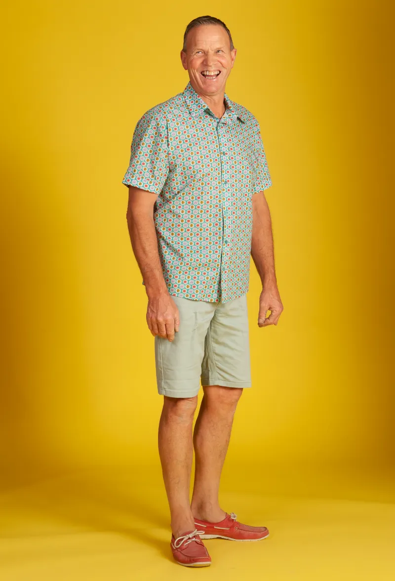 Otto enjoying the silk like feel of our Liberty Tana Lawn 100% cotton Short Sleeve Shirt 'Aztec Sun'