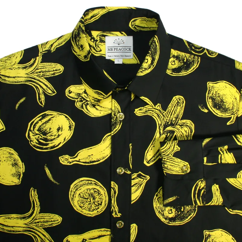 Screen Printed Yellow Banana pattern on a black long sleeve shirt