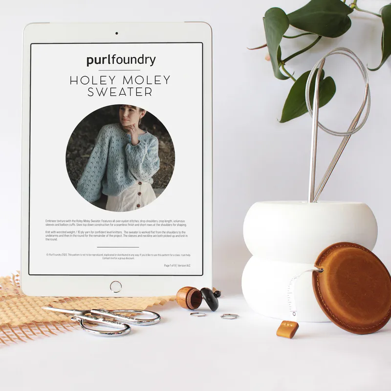 Holey Moley Sweater PDF pattern on an ipad screen