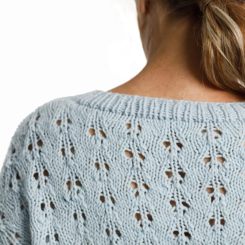 Neckline of the Holey Moley Sweater knitting pattern