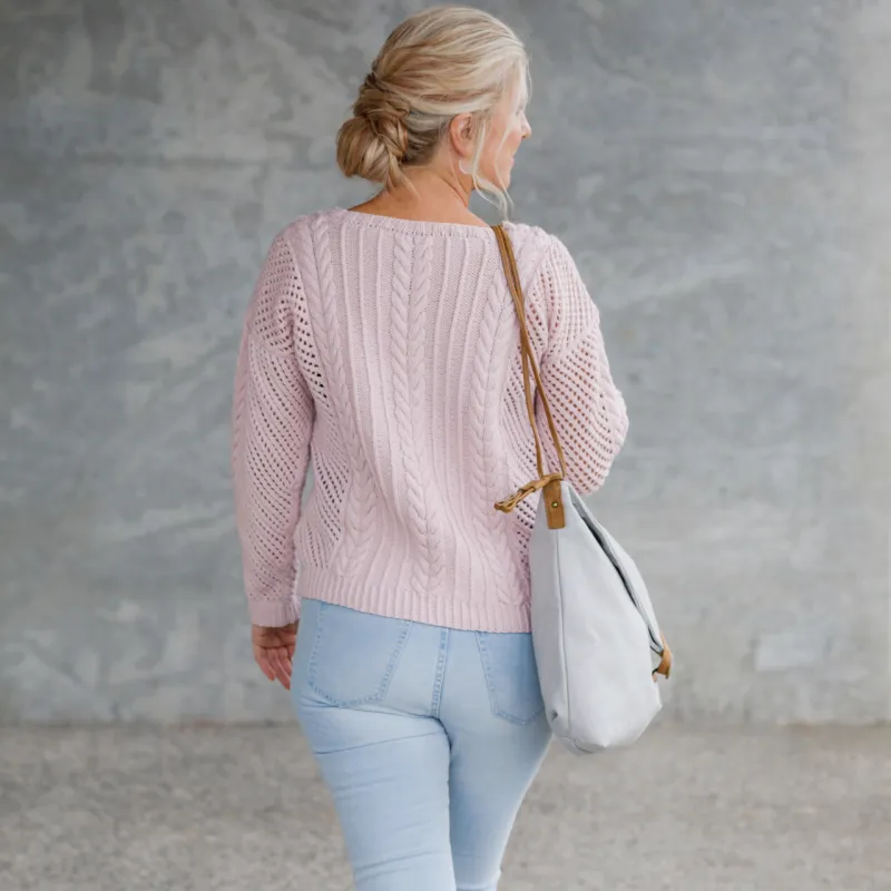 Back view of the Cable Mesh Sweater pattern
