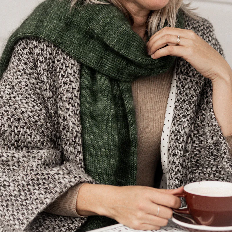 Finding Calm hand knit scarf with a winter coat