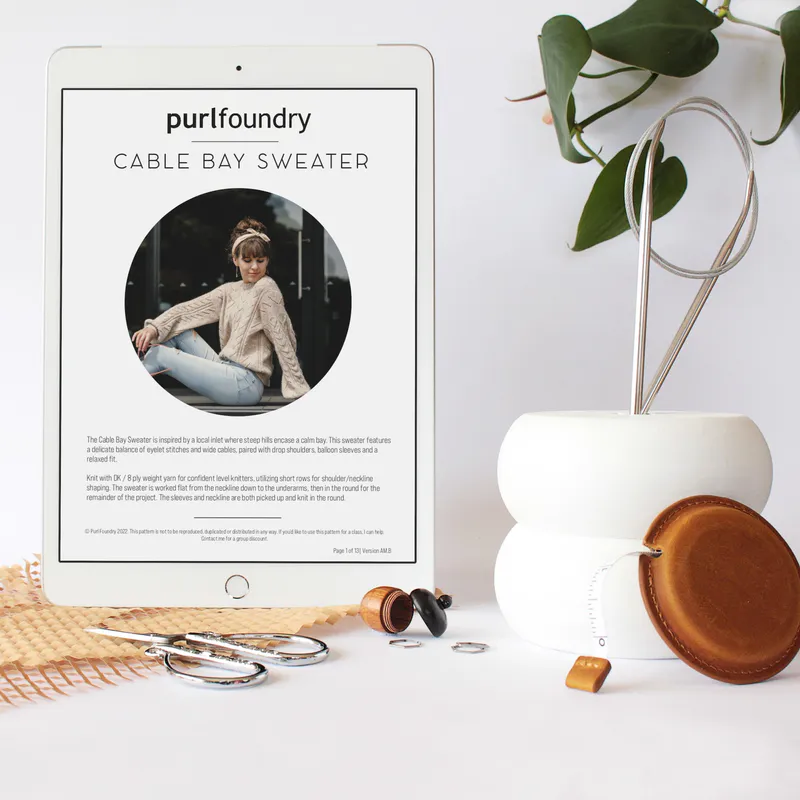 Cable Bay Sweater PDF pattern on an ipad screen