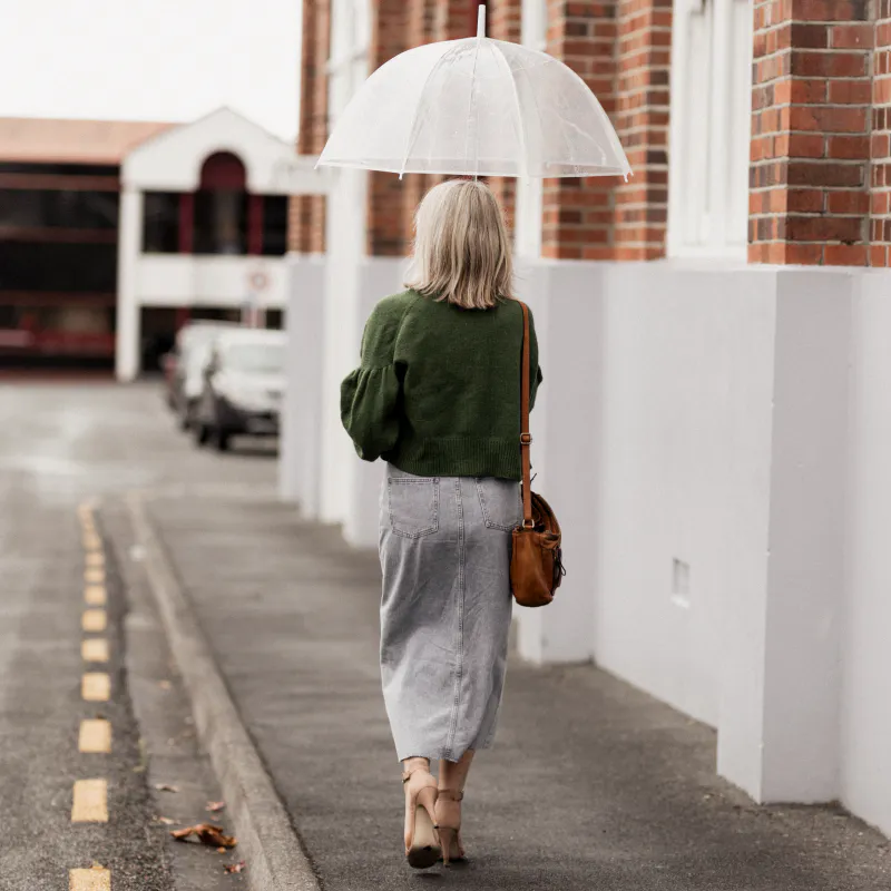 View of the back shoulder seam on the Gather Sleeve Cardi knitting pattern. It's angled downwards and doesn't sit on the shoulder. A bit like a half-raglan.