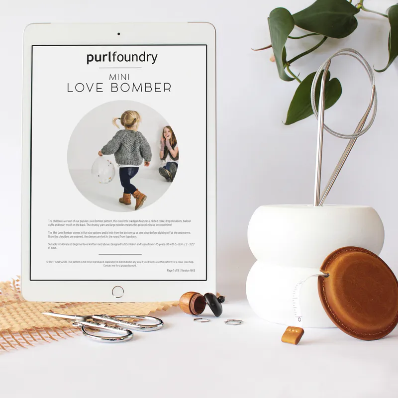Mini Love Bomber PDF pattern on an ipad screen