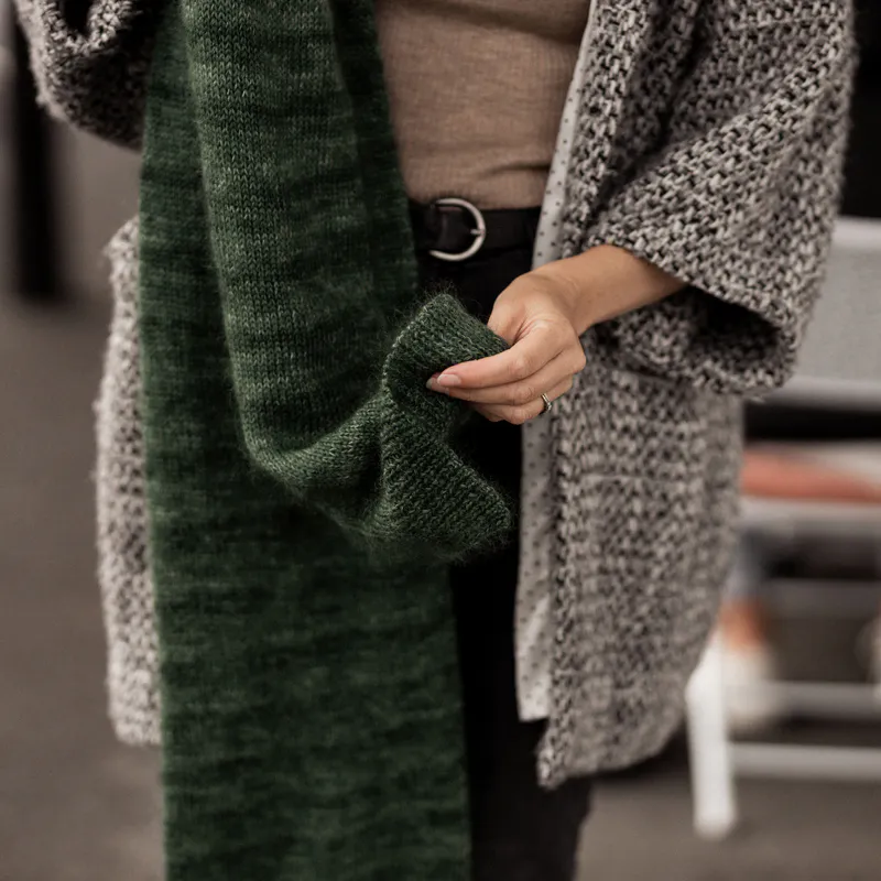 A close up of the Finding Calm Scarf knitting pattern