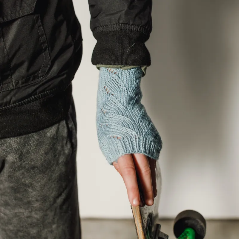 Blue fingerless gloves, hand knit for a boy