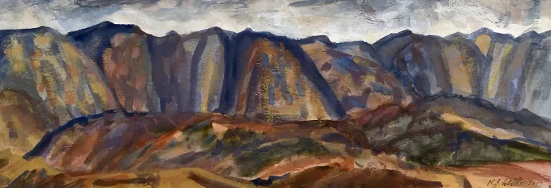 Rosie Little, Hills on the Heaphy, Watercolour & Gouache, 400 x 150, SOLD