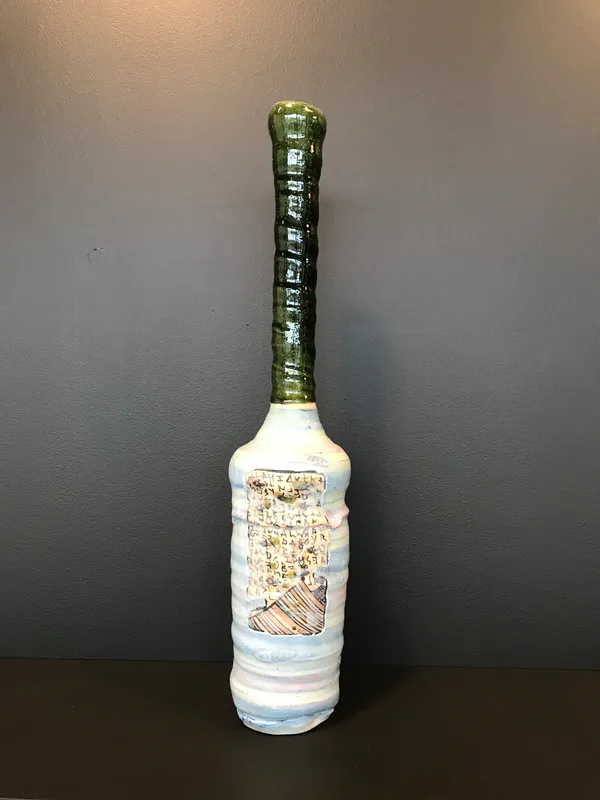 Aaron Scythe, Iro-shino oribe long necked vase, $380