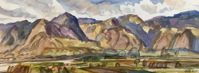 Rosie Little, Across the Takaka Valley from Waitapu, Watercolour, 400 x 150 SOLD