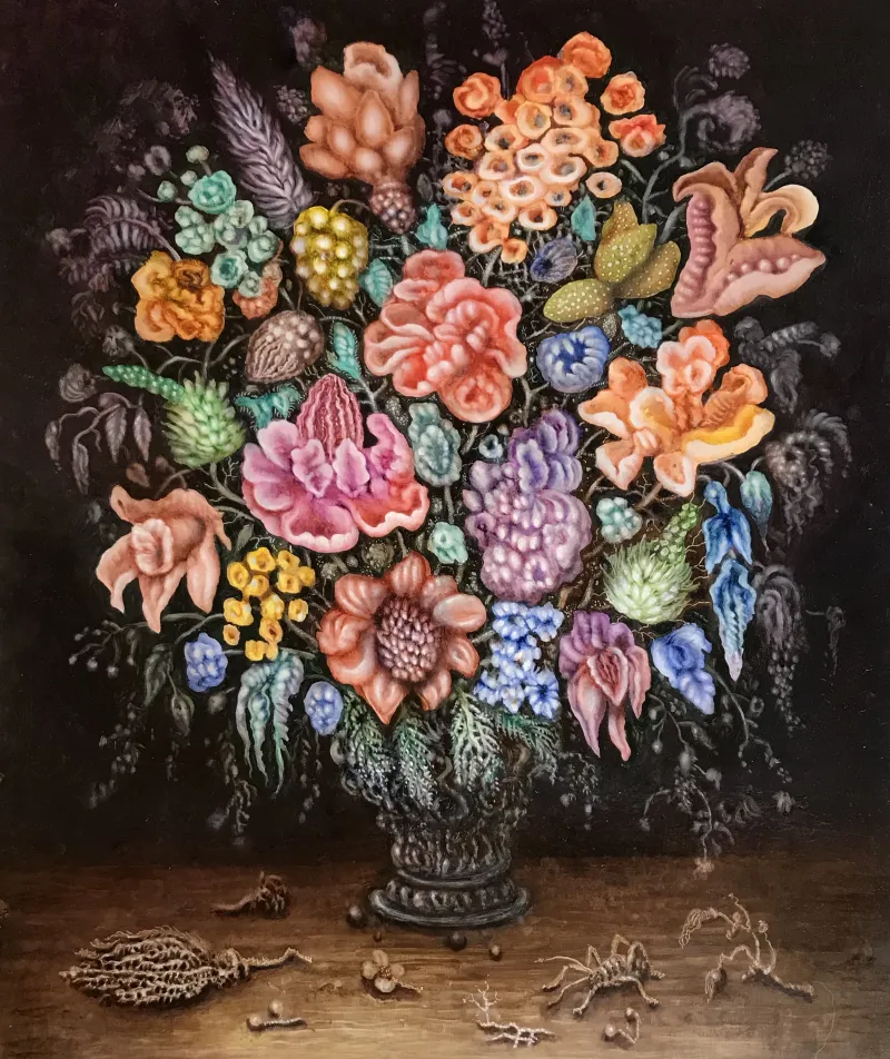 Rebecca Harris, Dubious Flowers III, 2021, oil on board, 680 x 575, $1850