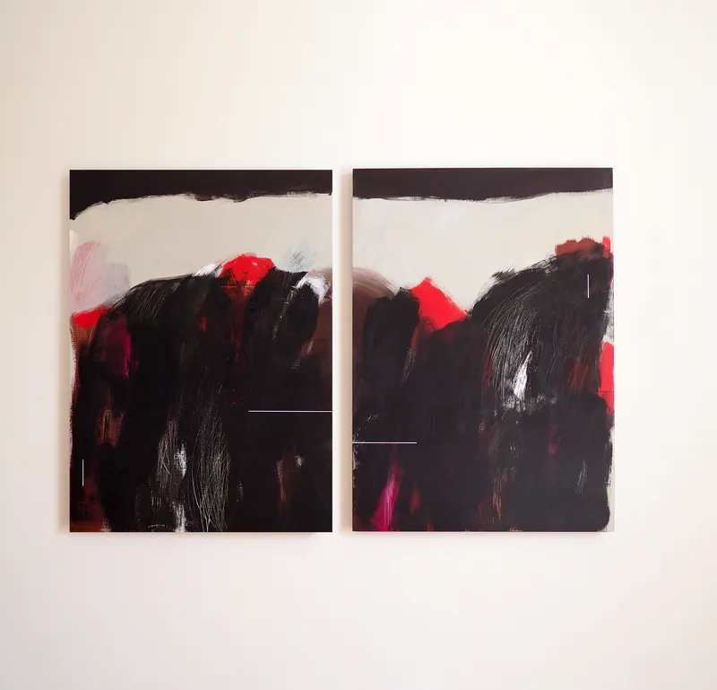 Susan Thomas "Tribal 1 and 2" 2024, Acrylic on ply, each 600x840mm. $2200. Available through Public Record. https://publicrecord.shop/