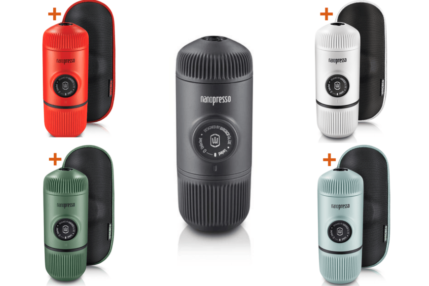 nanopresso espresso maker in black is in the middle of the image with colour options displayed in each corner. These options are red, blue, white and green