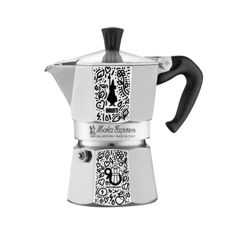Bialetti Moka Ltd Ed 90th Anniversary 3 Cup stovetop espresso maker with whimsical doodle art