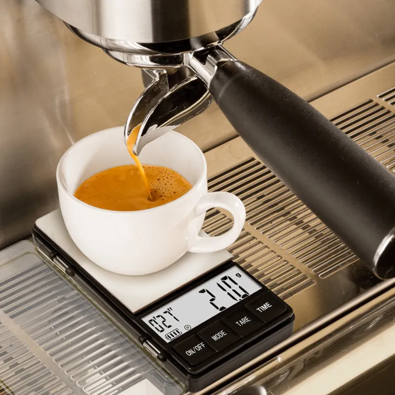 Joe Frex Digital Coffee Scales with Timer shown in use with an espresso machine