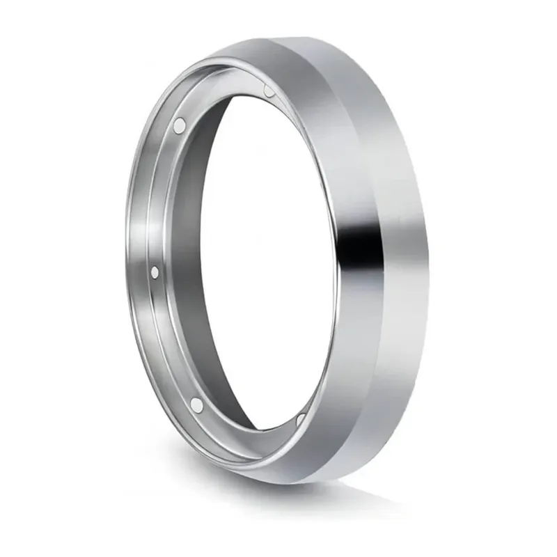 Stainless steel short espresso dosing funnel standing on its side on a white background