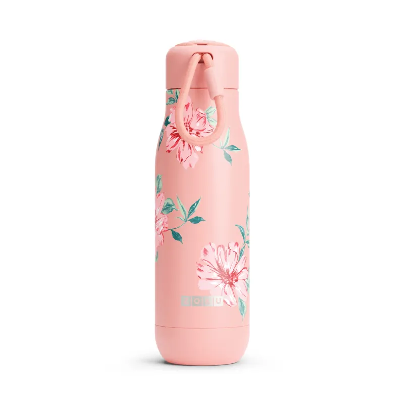 Zoku Vacuum Insulated Bottle - Rose Petal Pink - Light pink flowers with green leaves on a soft pink background with a soft pink paracord lanyard.