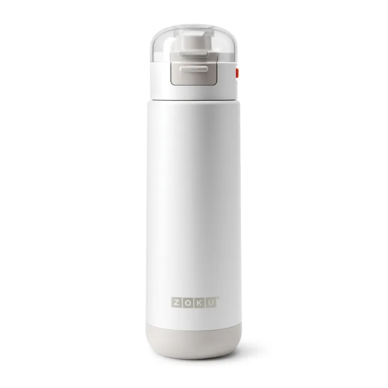 Zoku Flip Top Sports Bottle - Matte white bottle with vibrant orange soft touch carrying loop and clear flip top cover