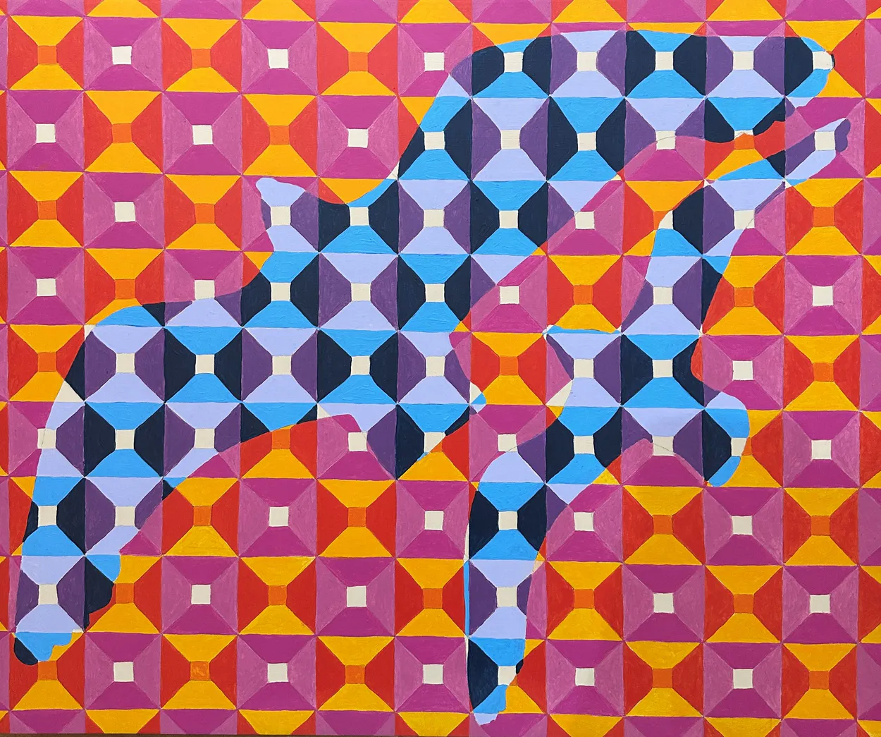 Artist Anna Nielsen created colorful bird painting in illusion style available at Little Gallery in Whangamata