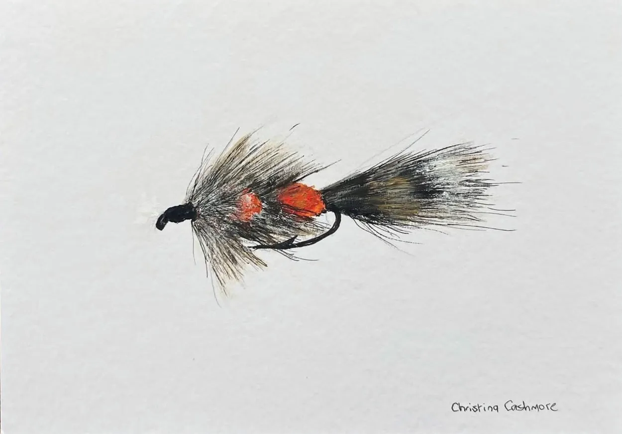 A painting of a Red Setter fishing fly by Christina Cashmore available at The Little Gallery in Tairua
