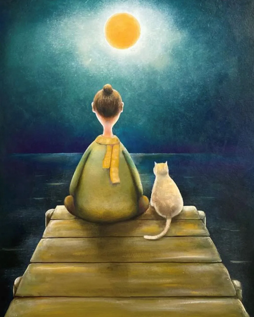 An original painting of a girla dn cat on a jetty looking at the moon by Nick Fedaeff available at The Little Gallery in Tairua
