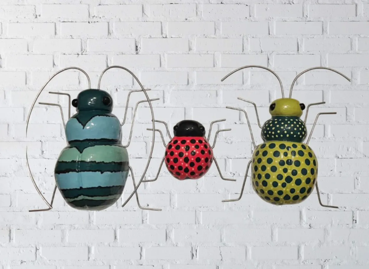 Three ceramic colorful bugs created by Jess Ziegler available at The Little Gallery in Whangamata