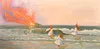 An oil painting called El Espejo, 'The Mirror', three girls dancing on the beach with island on fire in background