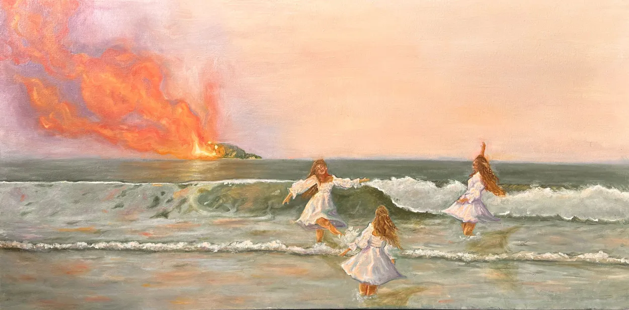 An oil painting called El Espejo, 'The Mirror', three girls dancing on the beach with island on fire in background