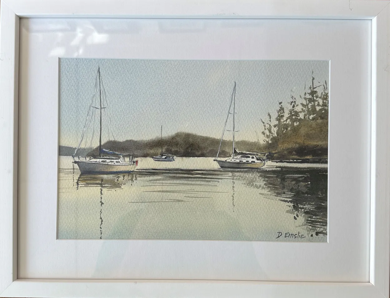 A watercolor painting of Shark Bay Kawau Island by local Tairua Artist Debbie Emslie available at The Little Gallery in Tairua