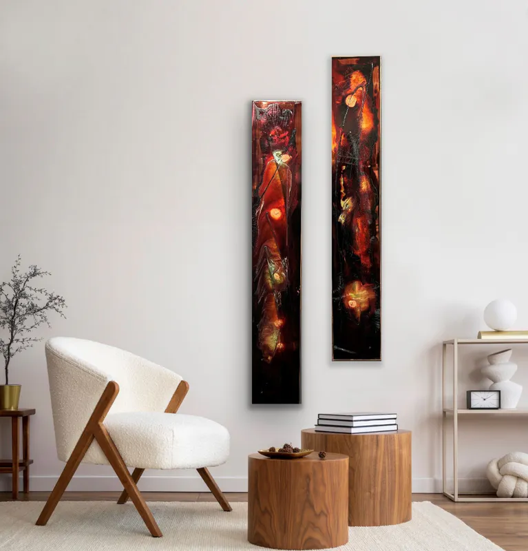 Two glass panels with deep rusty red colors by Artist Jasmine Keir available at The Little Gallery Whangamata