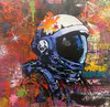 An original painting with an astronaut and abstract background by Lesley Campbell, available at The Little Gallery Whangamatā