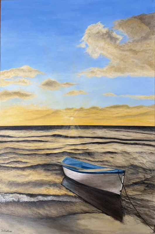 An original painting of the morning sun coming up over the sea by Jennifer Panther, available at The Little Gallery Tairua
