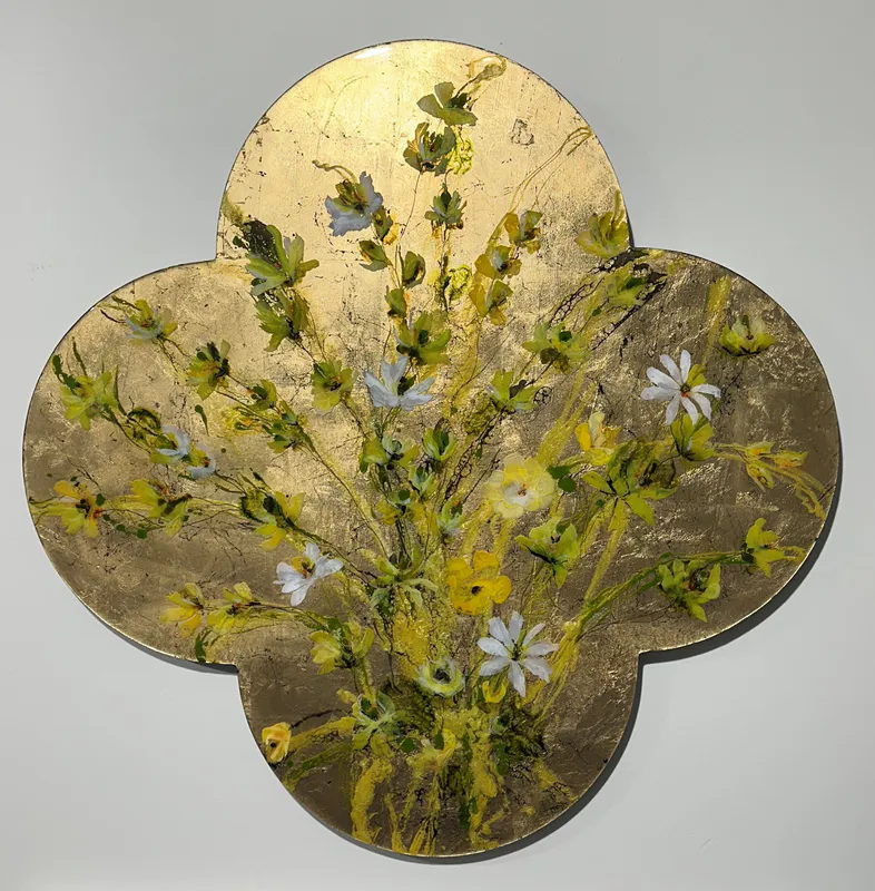 A gold leaf painted quatrefoil wall art with green flowers by Kristin Hyde, available at The Little Gallery in Whangamata