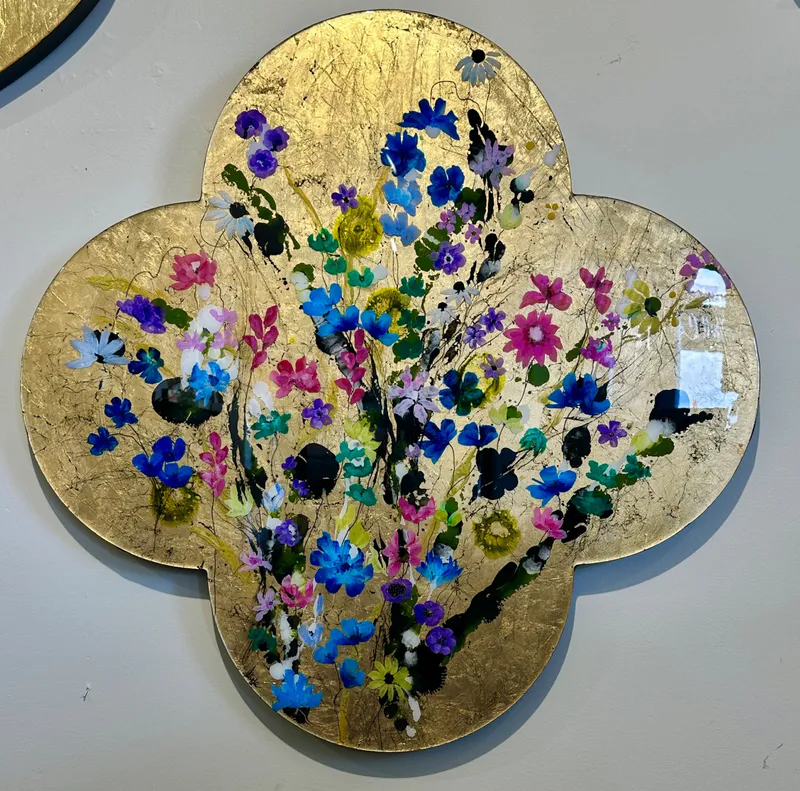 An original Acrylic painting of flowers with a gold leaf background on a quatrefoil wooden base by Kristin Hyde, available at The Little Gallery Tairua