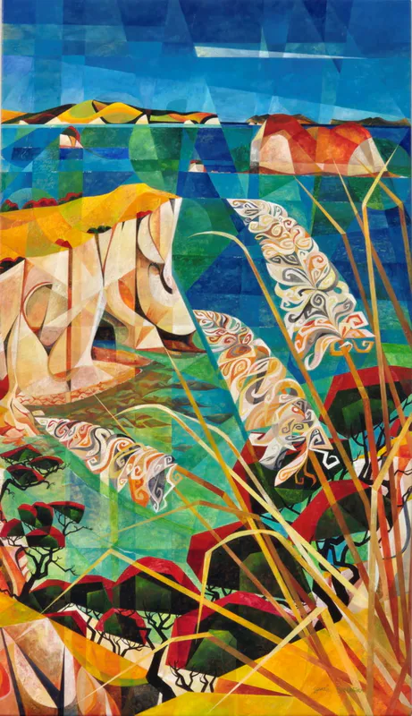 An original painting looking over Stingray Bay (Te Whanganui-a-Hei) by Souzie Speerstra, available at The Little Gallery Tairua