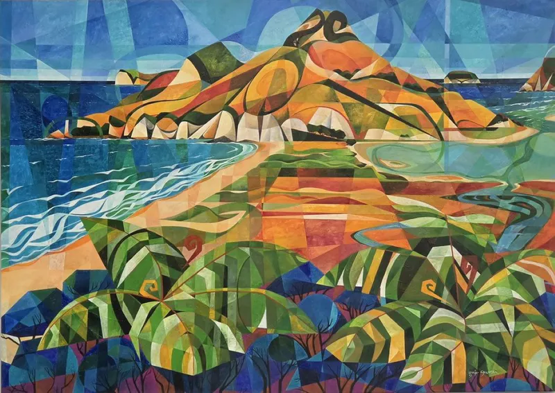 A limited edition print of Mount Paku in Tairua by Souzie Speerstra, available at The Little Gallery Tairua