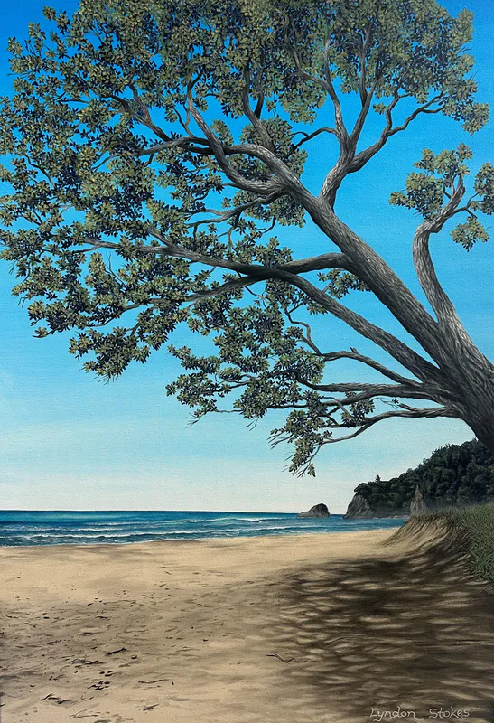 A bright and sunny original painting of Orokawa Bay by Lyndon Stokes, available at The Little Gallery Whangamatā