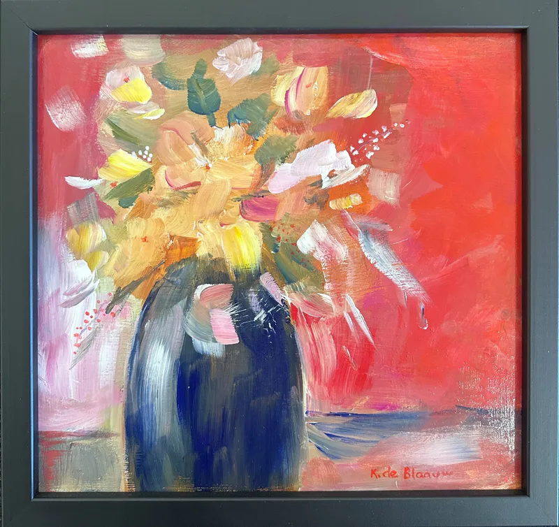 An original painting of flowers in a blue vase by Kay be Blaauw, available at The Little Gallery Whangamatā
