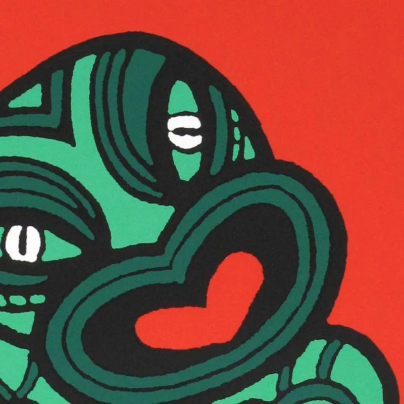 Limited edition screen print of traditional Maori Tiki figure up close by New Zealand artist Arty Wright, available in The Little Gallery Whangamata