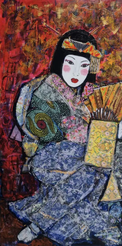 A tea box fabric collage Japanese Geisha by Peter Augustin, available at The Little Gallery Whangamatā