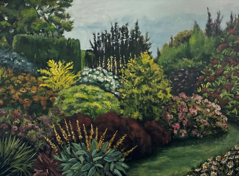 A painting of a garden and lawn by Lyndy Wilson available at The Little Gallery in whangamata