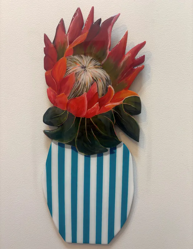 An original Acrylic painting of a Protea in a vase cut into the shape of a flower in a vase by Lesley Campbell, available at The Little Gallery Tairua