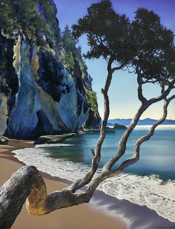 A fine art limited edition print of Lonely Bay by the late New Zealand artist Grant Simpson, available at The Little Gallery Whangamata