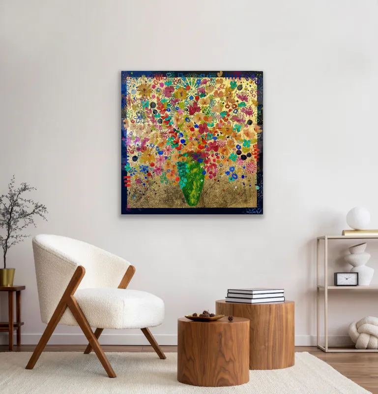 A stunning original artwork coated in resin with bright flowers by Kristin Hyde, available at The Little Gallery Tairua