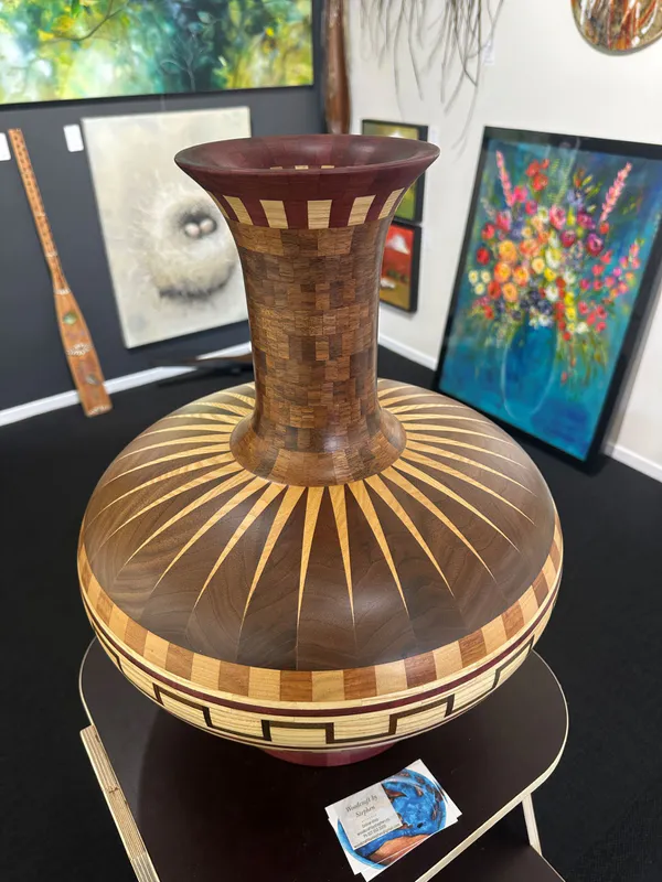 Large detailed segmented wooden vase by Stephen Hodson, available at The Little Gallery Tairua