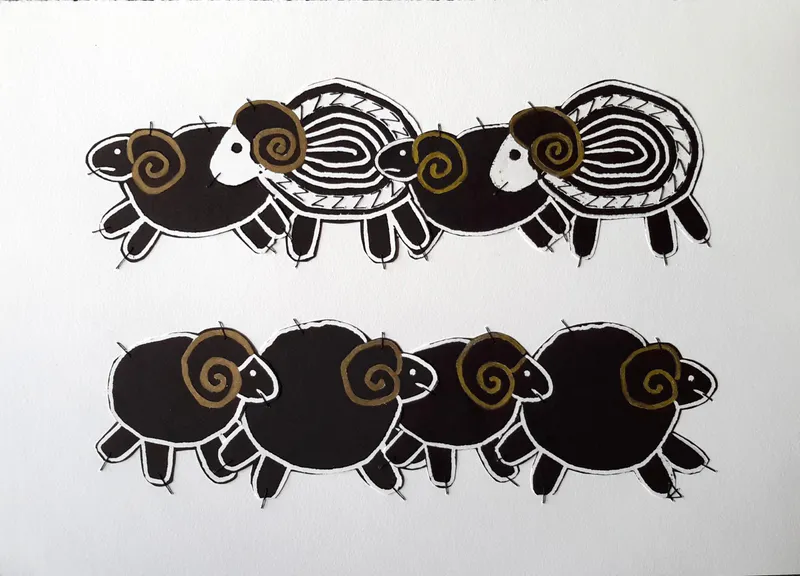 A stitched woodblock print on canvas with two rows of sheep by Kate Hill, available at The Little Gallery Tairua