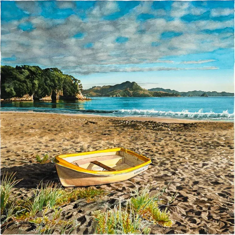 A beautiful coastal Watercolour painting of Cook's Beach by Jane Galloway, available at The Little Gallery Whangamata