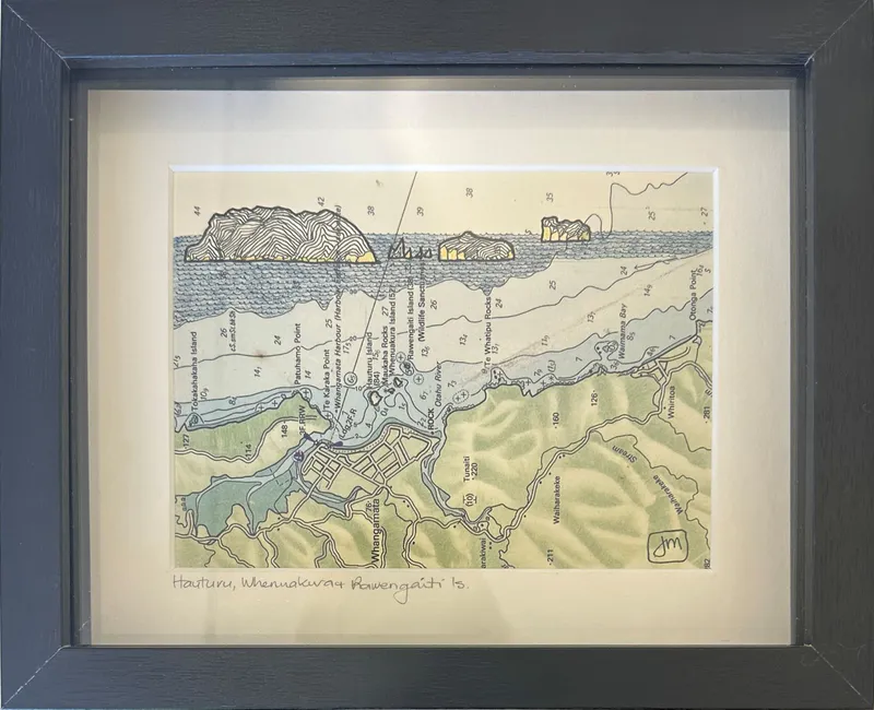 Marine chart with ink drawing of Hauturu Whenuakura & Rawengaiti Islands by Joanne Mahoney, available at The Little Gallery Tairua