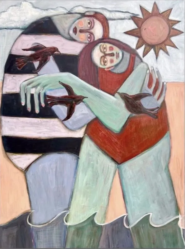 An original mixed media figurative painting with waves by Lyndy Wilson, available at The Little Gallery Whangamatā