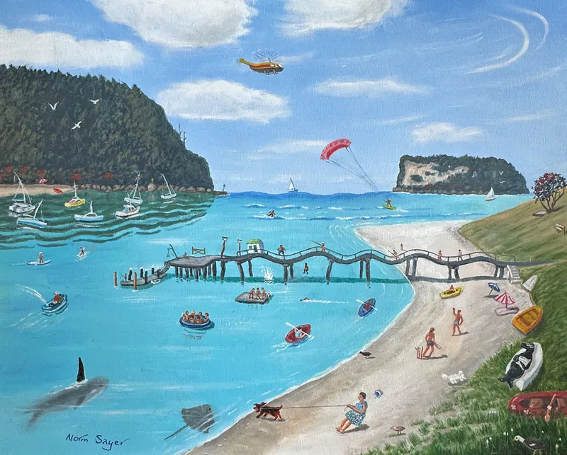 A fun original painting of the Whangamata wharf with people playing in the water by Norm Sayer, available at The Little Gallery Whangamata